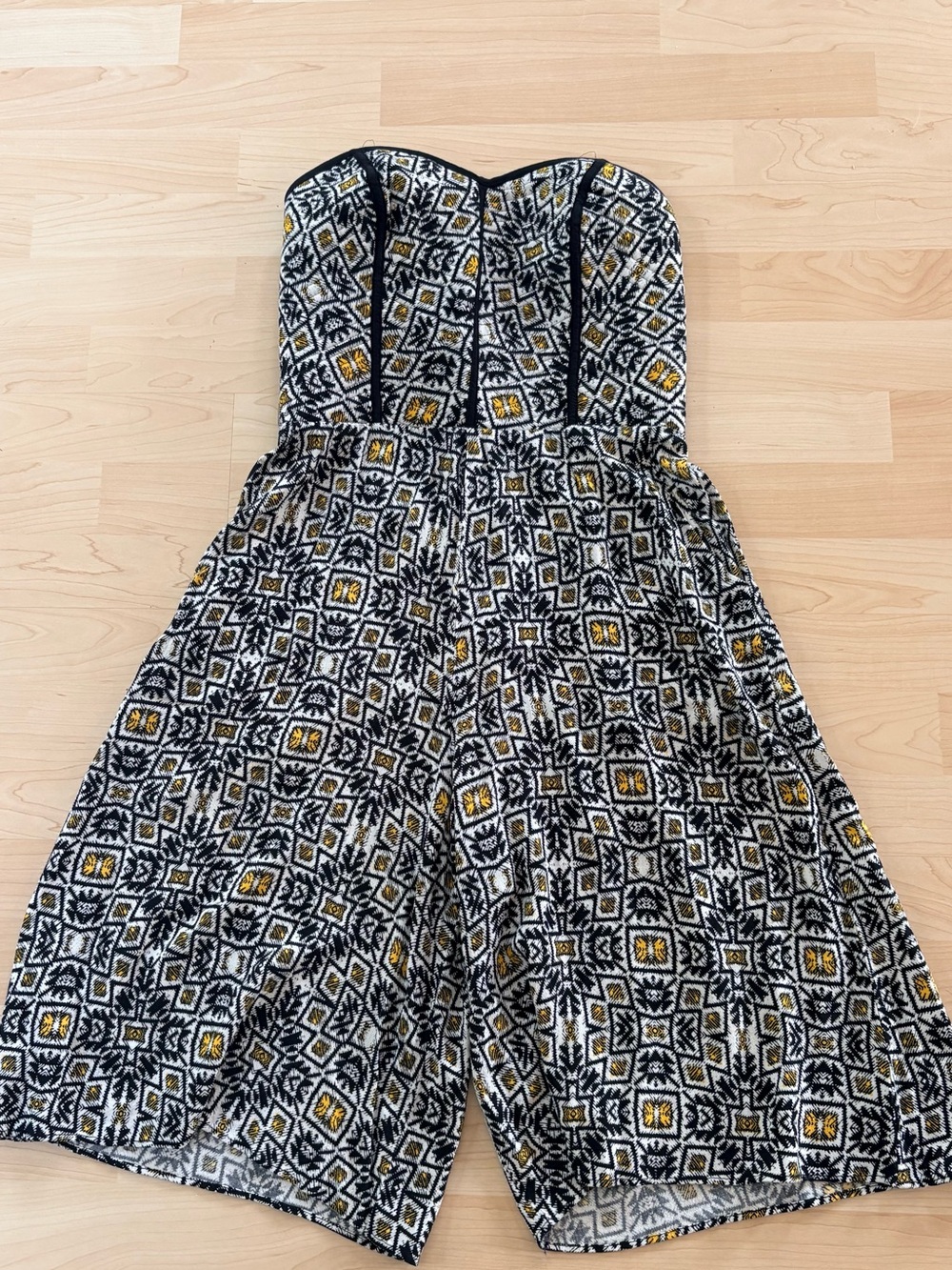 Source Unknown Strapless Geometric Print Jumpsuit in Black, White & Yellow